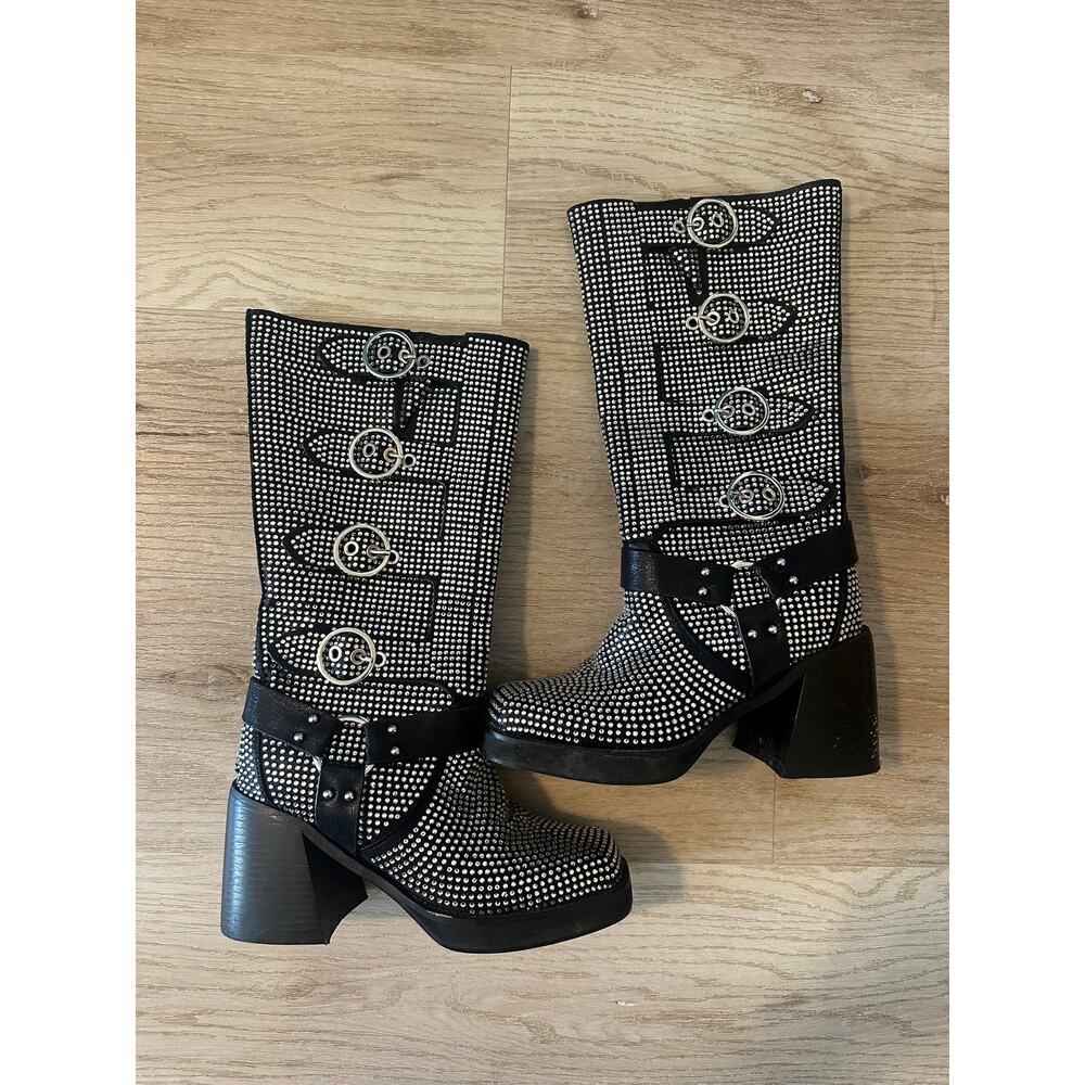 AZALEA WANG BRONSON BLACK RHINESTONE EMBELLISHED BOOT size 6 - Picture 2 of 10